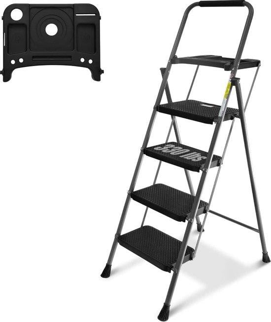 Famanu 4-traps inklapbare ladder met gereedschapshouder - grijs