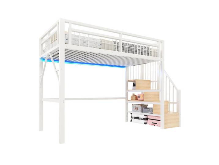Redom Hochbett 140/200 cm mit LED-Lichtleiste, Stauraumtreppe und Freiraum unter dem Bett, Weiß, Metall, 140x200 cm, Babymöbel & Kindermöbel, Kinderzimmer & Jugendzimmer, Kinderbetten, Hochbetten