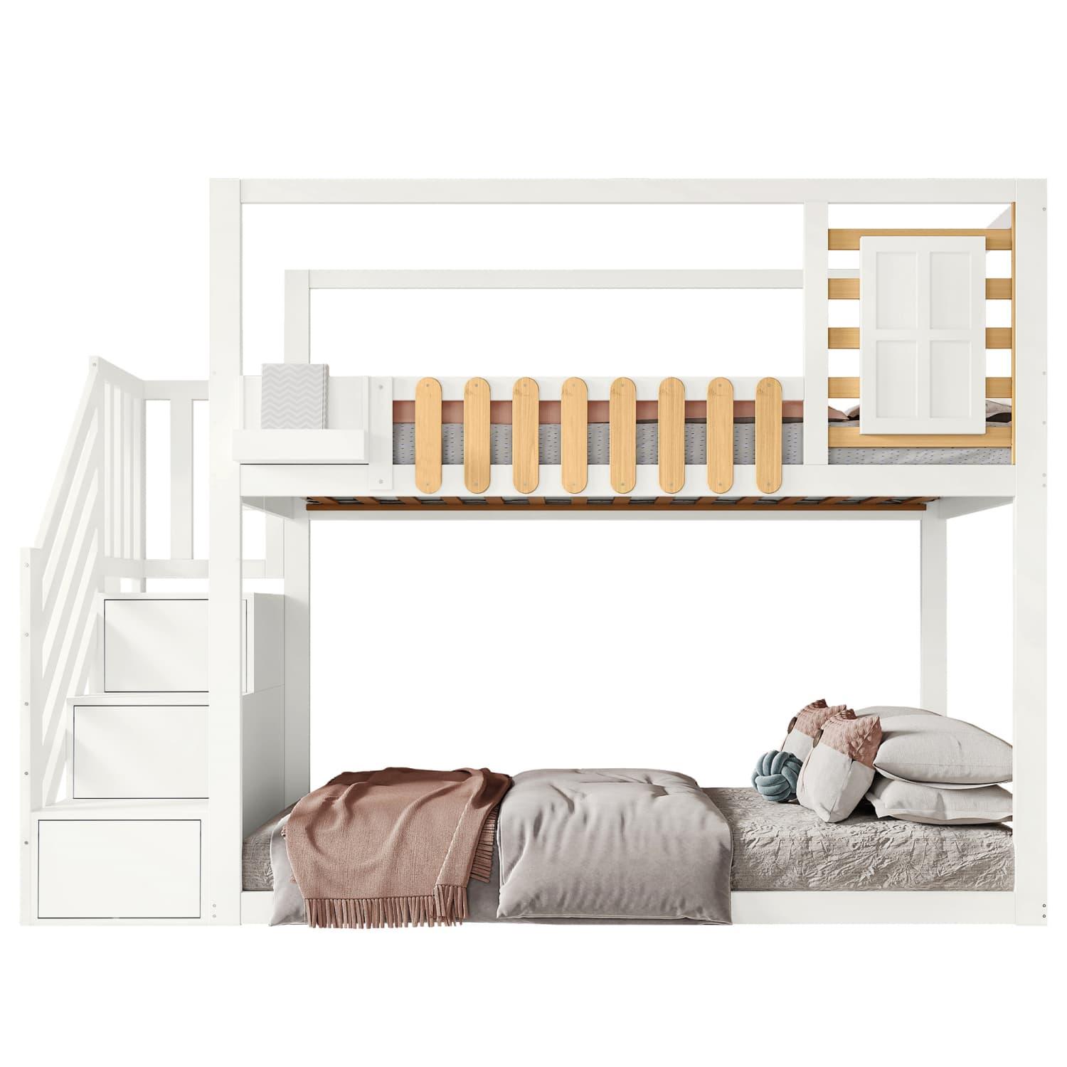 Etagenbett mit Treppe, Fenster und Regalkasten, Rahmen aus massivem Kiefernholz, Kinderbett mit 3 Schließfächer in der Treppe, mit Fallschutzgitter