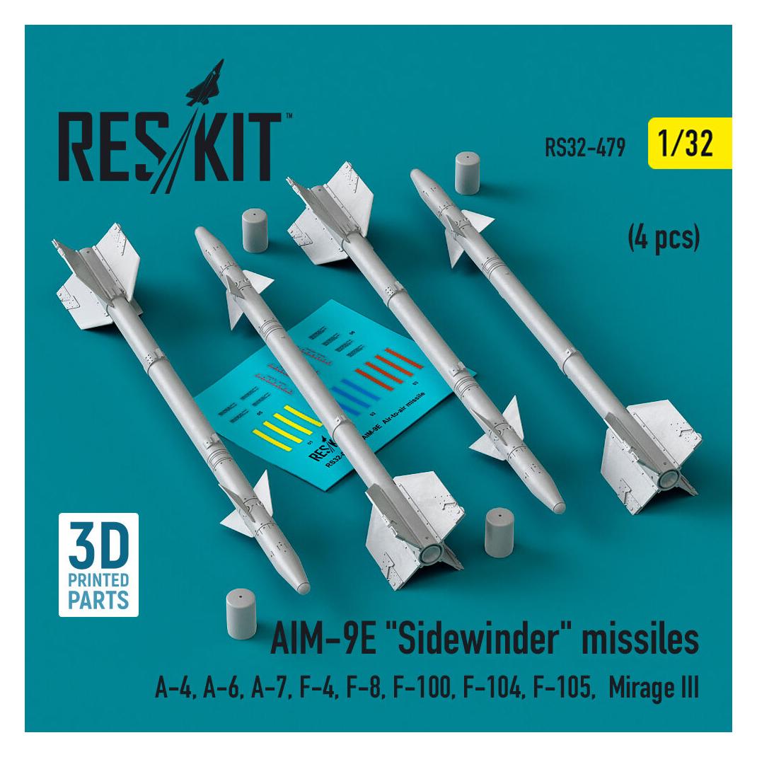 ResKit AIM-9E Sidewinder missiles (4 pcs) (A-4, A-6, A-7, F-4, F-8, F-100, F-104, F-105, Mirage III) (3D Pr (RS32-0479)