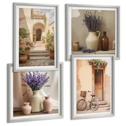 BILDER SET 4er Set - 50x50 cm & 40x60 cm Silberner Rahmen - Lavendelblüten und Architektur