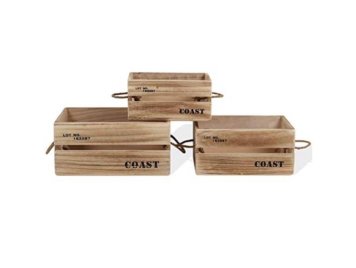 Rebecca Mobili 3er Set Holzkisten im Vintage-Stil, Aufbewahrungskisten für Garten, Hellbraun, Ordnung Haus Terrasse – Maße: 17 x 36 x 25 cm (HxLxB) – Art. RE4593
