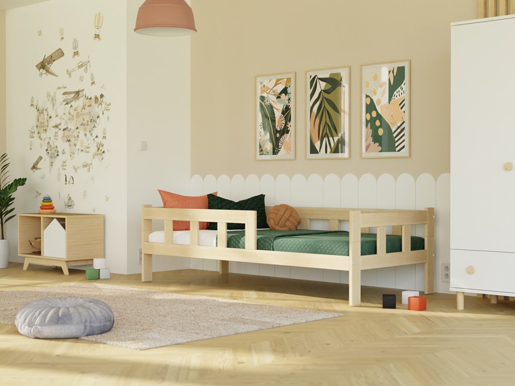 Holzeinzelbett FENCE 4-in-1 mit Barriere 90x180 cm Hellgrau, Mit einem Rausfallschutz links