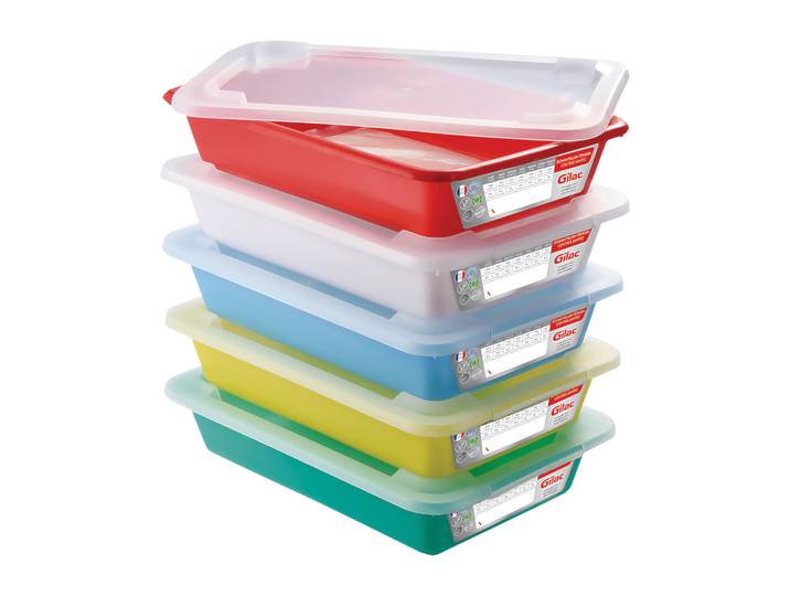 Lot de 5 bacs alimentaires plats ''''témoins'''' avec couvercle 3L assortis Gilac