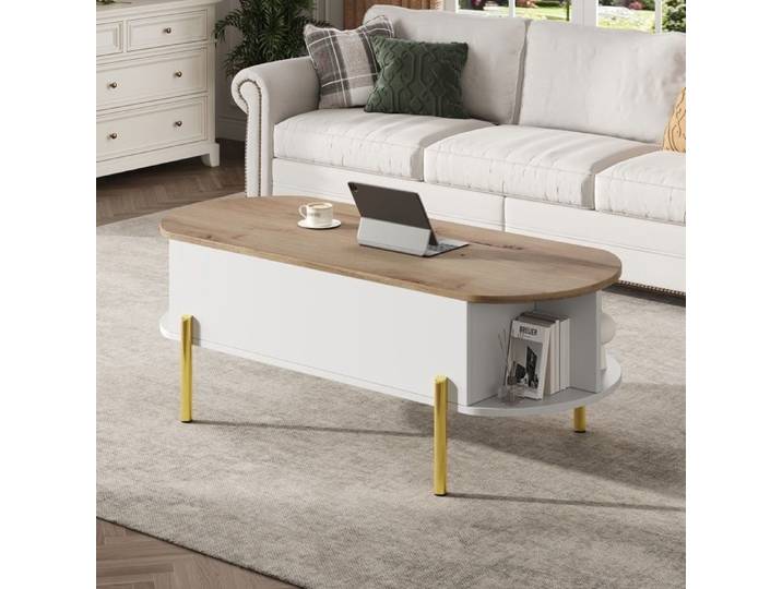 Piaenon - Table basse ovale 120x50x43cm relevable rangement 7 niveaux salon - blanc bois
