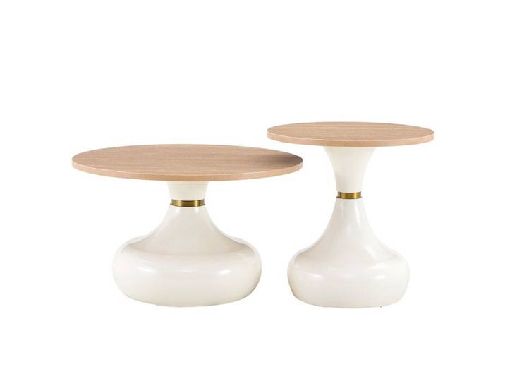 ELVORIN Lot de 2 tables basses rondes plateau MDF effet bois et pierre métal laqué blanc design bouteille