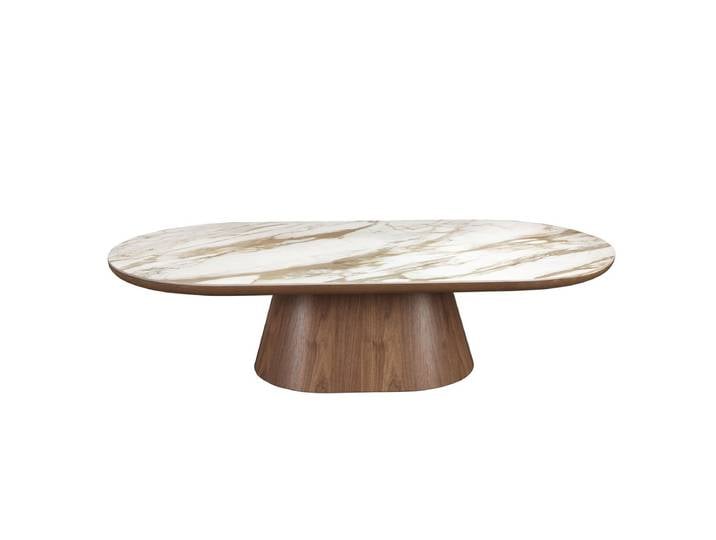 Angel Cerda Table basse ovale demi ronde en porcelaine et noyer Blanc Noyer