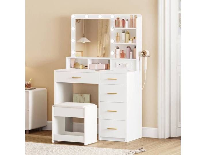 Coiffeuse avec 10 Globes Lumineux LED 3 Couleurs Coiffeuse avec Prise et Grand Miroir Tabouret et Support pour Sèche-Cheveux Blanc