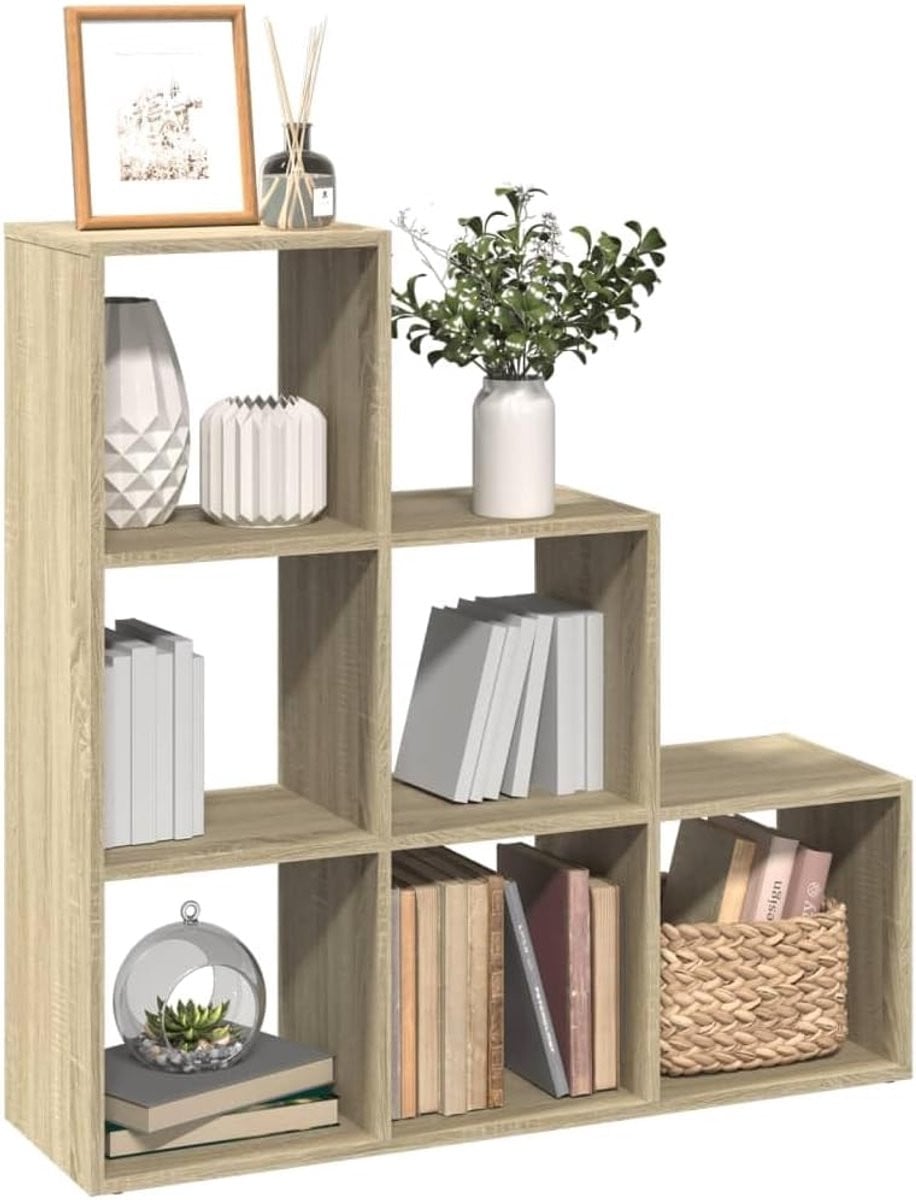 Ruimteverdeler met 3 niveaus en 6 kubische vakken in stabiele houtstructuur voor het organiseren van boeken en woondecoratie