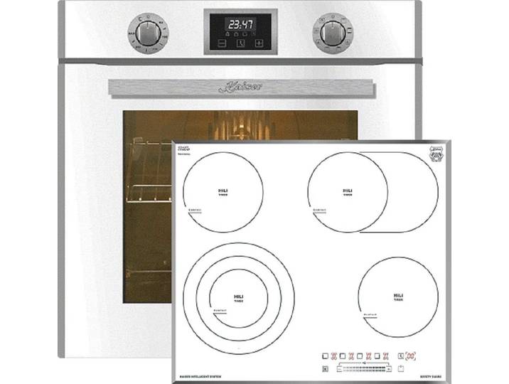 Kaiser Küchengeräte Backofen-Set Herd Set Autark Einbau Backofen 79L Selbstreinigung Drehspieß 10 Fkt. 60 cm mit Weißes Glaskeramikkochfeld 60 cm EH 6326 W+KCT 6715 FW.,., mit 1-fach-Teleskopauszug, Katalytische Selbstreinigung