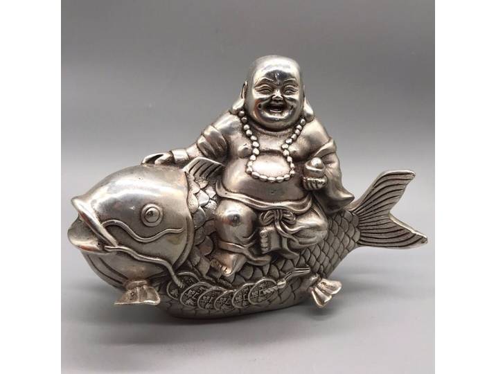 Statue de Bouddha Maitreya en Cuivre, Bouddha gras portant un poisson, Décoration de bureau et de maison, Cadeau pour ornement de bureau
