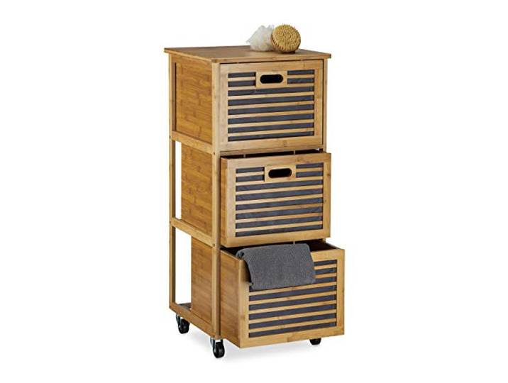 Relaxdays Rollwagen mit Schubladen aus Bambus mit 3 Fächern HBT: 92 x 41 x 41 cm Nützliches Badregal mit Schubkasten mit Rollen als Wäschebox und Schubladenschrank für Badutensilien, natur