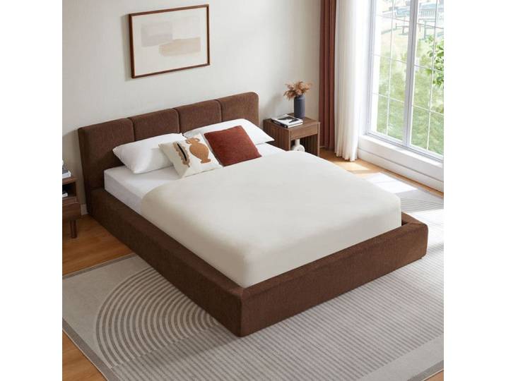Cadre de lit compressé 160 x 200 avec tête de lit rembourrée et Cadre en acier Lit Double Brun(montage facile matelas non inclus)