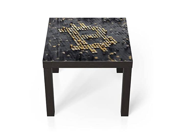 DEQORI Glastisch schwarz klein 55x55 cm Motiv Bitcoin Währungszeichen ausgefallener Beistelltisch aus Glas Hochglanz Couchtisch fürs Wohnzimmer moderner Couch Tisch mit Design