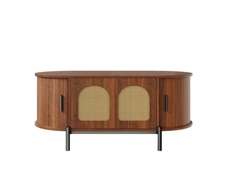 Table basse ovale effet noyer portes en rotin, pieds métal noir 100x50