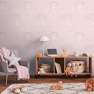 Vliestapete LIVING WALLS "Kids Studio Feenwald – Glitzer Vliestapete", rosa, B:0,53m H:0m L:10,05m, Vinyl, Vlies, Tapeten, Feenwald mit Bäumen, Blüten, Schmetterlingen und Glitzer