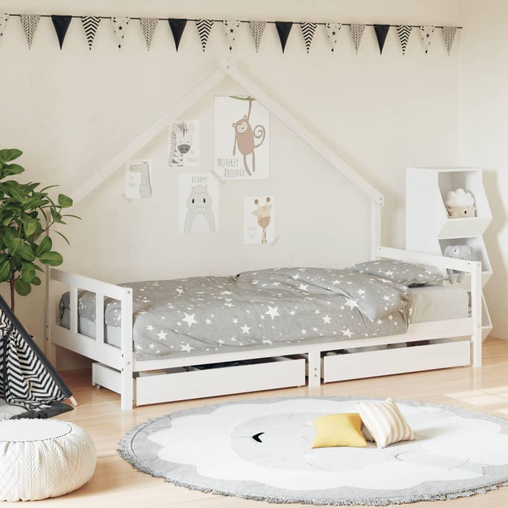 Weißes Kinderbett 90x200 cm aus massivem Kiefernholz mit Schubladen, Lattenrost und Hausdesign