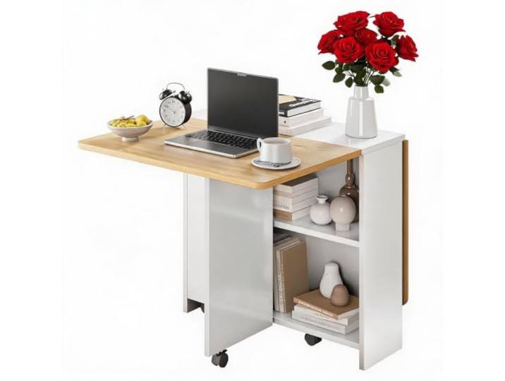 IDEALHOUSE Klappbarer Esstisch Auf Rollen, Platzsparend Mit Ablageregal 2‑stufiges Ablageregal, 6 feststellbare Rollen, Drop‑Leaf‑Design, ideal für Apartments und kleine Wohnbereiche.