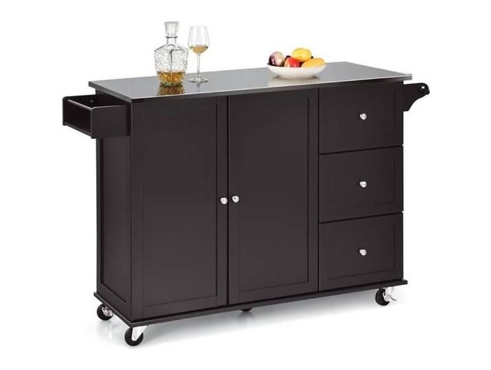 GOPLUS Desserte Îlot de Cuisine 135 x 45 5 x 91 5 CM Desserte à roulettes avec 3 Tiroirs Support à Épices Porte-Serviettes Brun