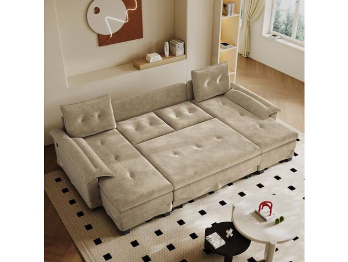 Canapé-lit sectionnel en U 278 cm couchage tiroir USB accoudoirs amovibles salon moderne camel