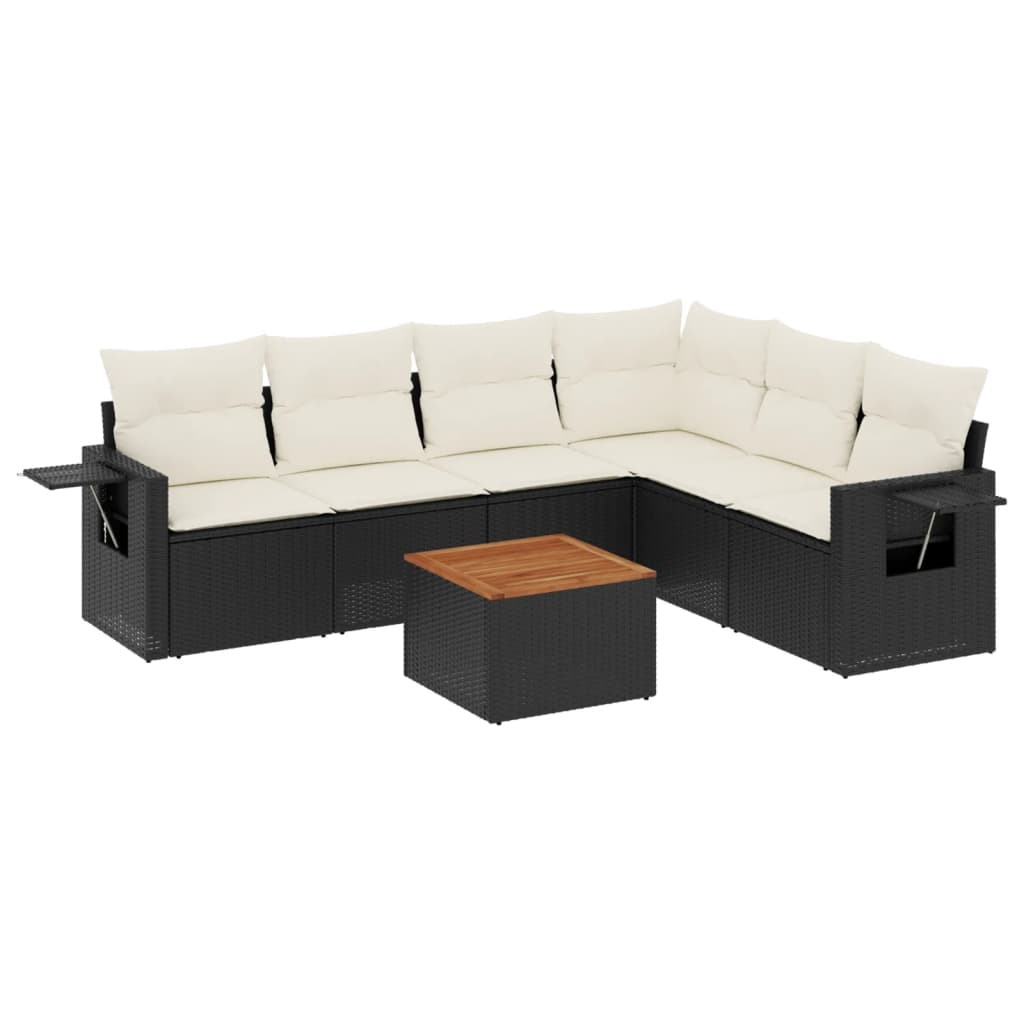 Modulare Garten-Sofagarnitur, 7-teilig, Schwarz Poly Rattan, mit cremeweißen Kissen, klappbaren Ablagen, Akazienholz-Tischplatte