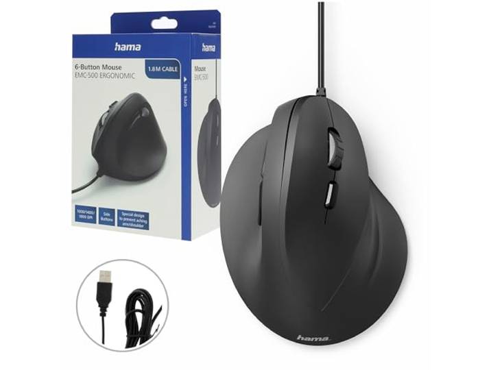 Hama 182698 ergonomische muis (verticale muis bedraad voor rechtshandigen, 3 snelheden tot 1800 dpi, tegen tennisarm I muisarm RSI-syndroom, draadloze muis) zwart