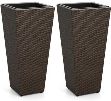 Costway Set of 2 Rattan Tall Plant Pots with Detachable Plastic Liners-Brown