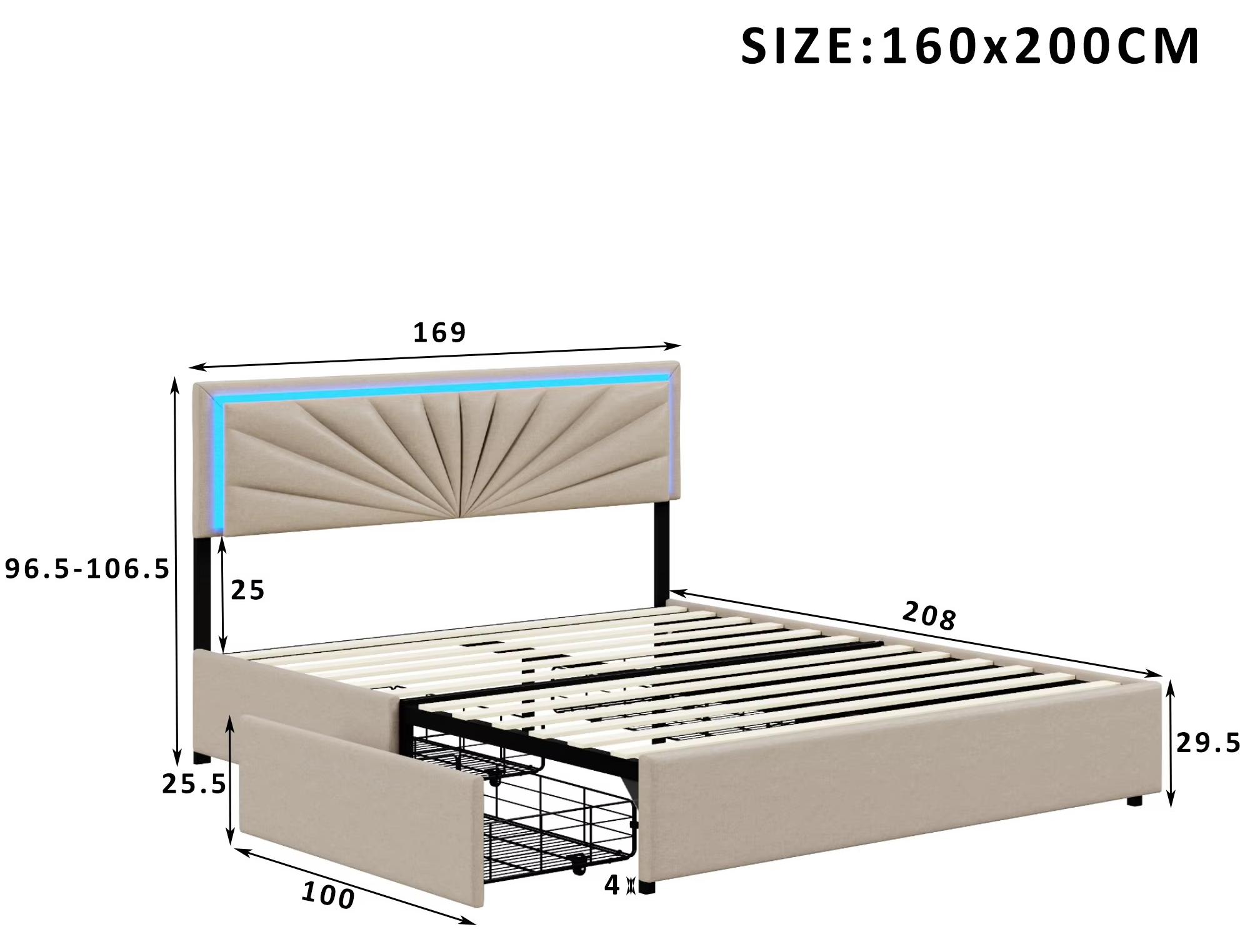 Bettgestell - Gepolstertes Plattformbett - 160×200 cm - 4 Schubladen - Fächerförmiges Knopfpolster-Kopfteil - Leinen - Beige
