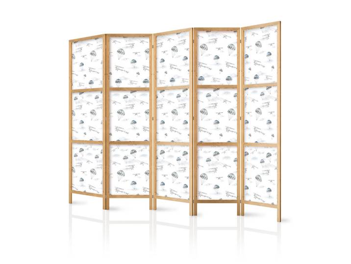 Muralo Paravent Japanischer 5-tlg 225x172 cm Flugzeuge Und Fallschirme, Weiß, Holz, Pinie, Märchen/ Fantasie, Rechteckig, 225x172x3 cm, Wohnzimmer, Raumteiler, Paravents