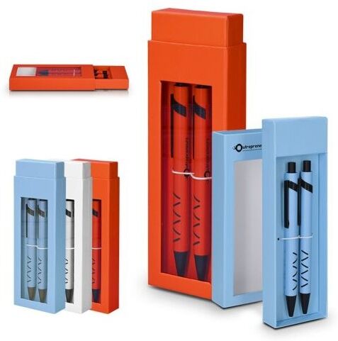 Coffret stylos personnalisable avec fenêtre transparente métal bleu