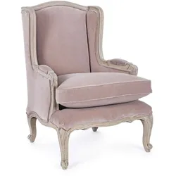Sessel Lorelie aus Samt-Optik, barockes Design, rosa, gepolstert mit Mangoholz-Gestell