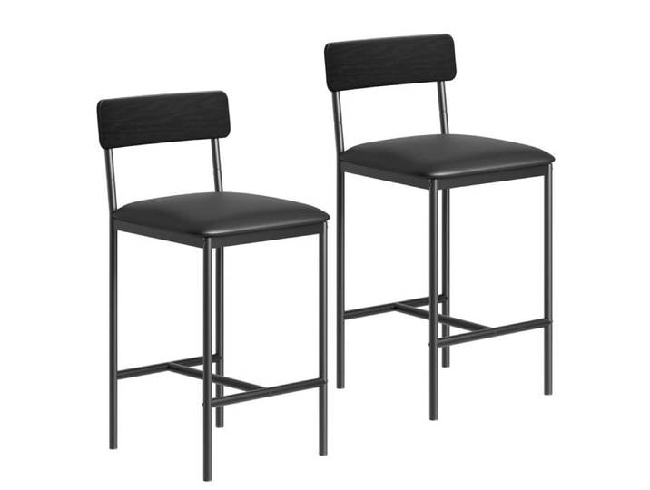 Tabourets de bar modernes - LUNSY - Lot de 2 - Métal noir et similicuir - Assise rembourrée - Dossier ergonomique