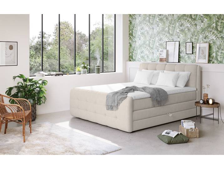 Boxspringbett, 100% Polyester, Beige, 200×200 cm, Mit Bettkasten & Topper, Cotta