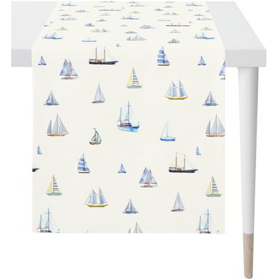 Tischläufer APELT "3911 OUTDOOR, Sommerdeko, Sommer", bunt (weiß, blau, bunt), B:48cm L:140cm, Polyacryl, Tischdecken, mit Schiff-Motiv im Digitaldruck