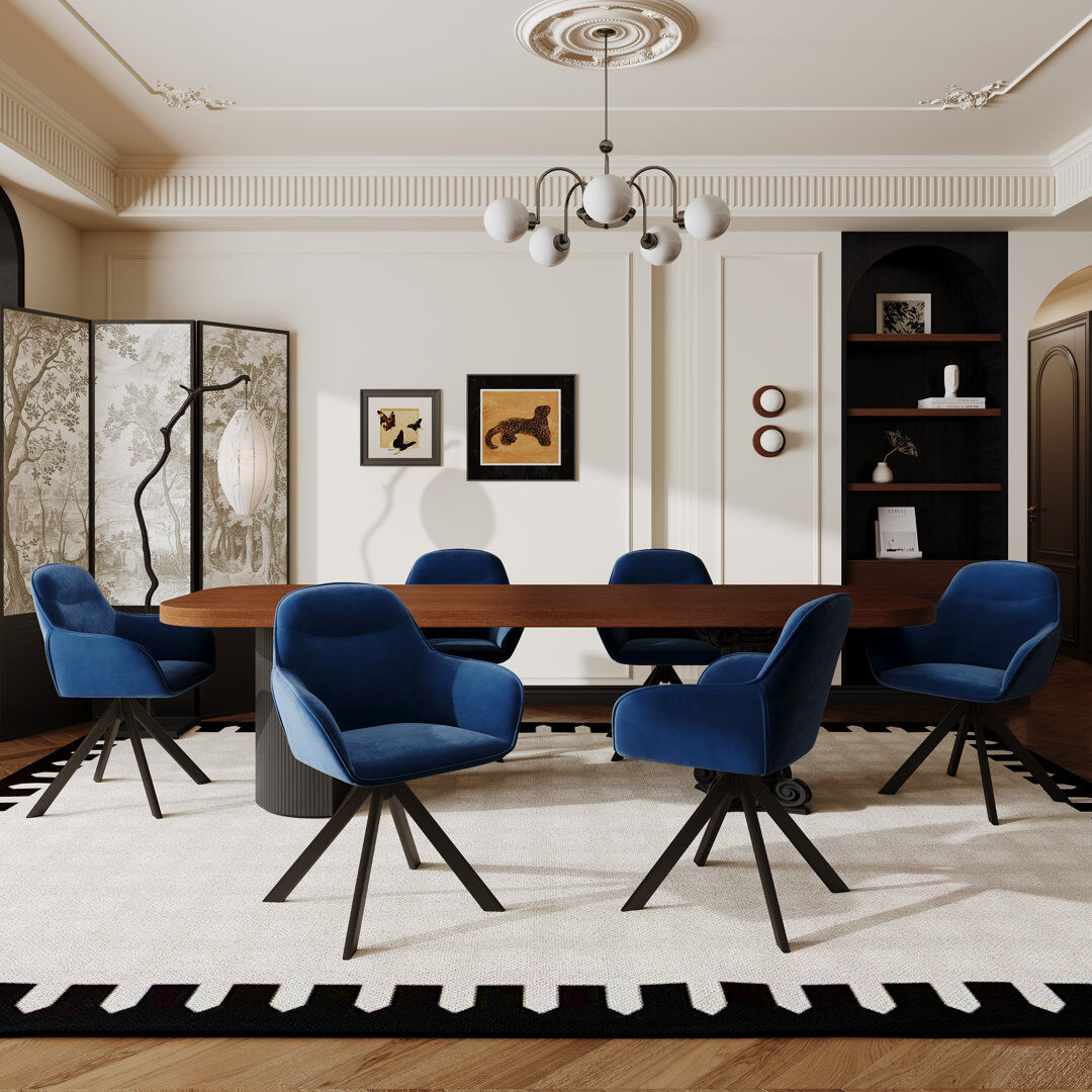Corrigan Studio 48.5cm H Swivel Upholstered Dining Chairs- Ergonomic Back Blue Velvet 83cm H X 62cm W X 52.5cm D