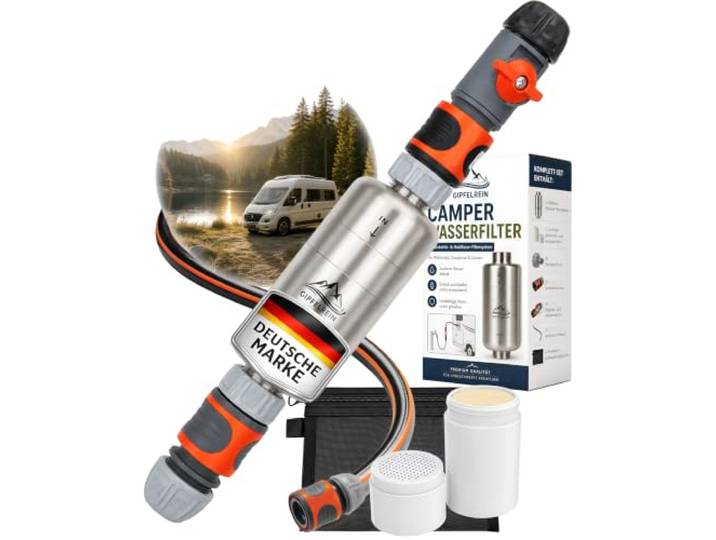 Wasserfilter Wohnmobil & Camping - Befüllfilter für Wohnwagen & Camper Trinkwasserfilter für Frischwassertank mit 2-Stufen-Filtersystem und 1/2-Zoll-Anschluss, kompatibel mit Gardena – Gipfelrein