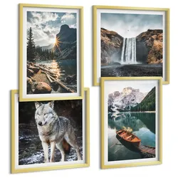 BILDER SET 4er Set - 50x50 cm & 40x60 cm Goldrahmen - Berge, Seen, Wasserfall, Wolf