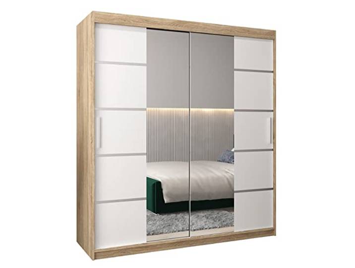 MEBLE KRYSPOL Verona 4 180 Schlafzimmerschrank Schiebetüren Schrank mit Spiegel Kleiderschrank mit Spiegel Schiebetürenschrank Kleiderschrank Schiebetüren – 180x200x62cm - Sonoma + Mattweiß