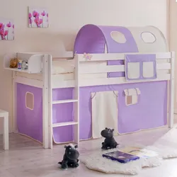 Kinderbett mit Tunnel und Vorhang in Lila Beige halbhoch