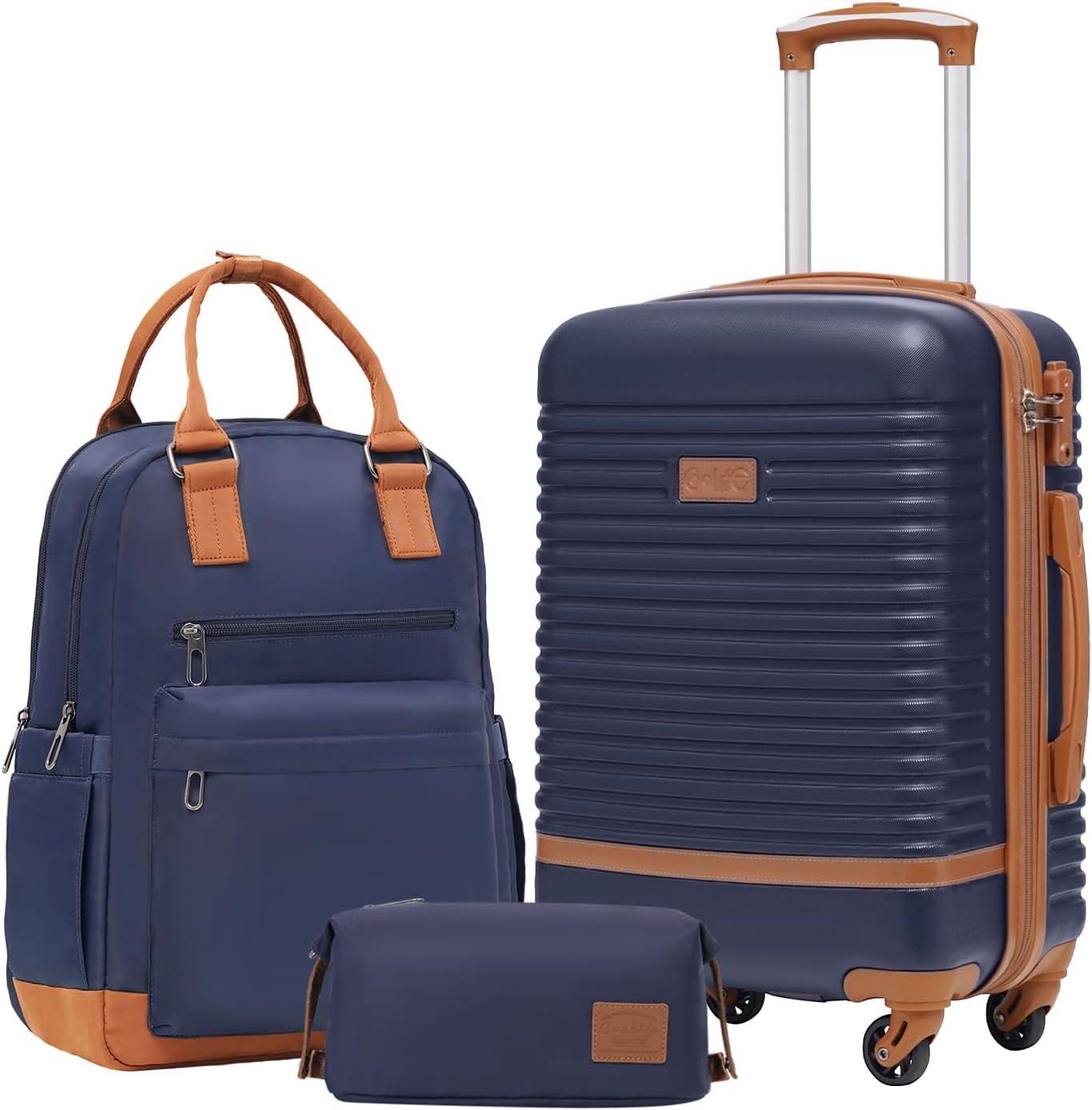 Reisetasche-Set, 3-teilig, mit hartem ABS-Koffer, 4 Rollen, TSA-Zahlenschloss, Reisetasche und Kulturbeutel, blau/braun