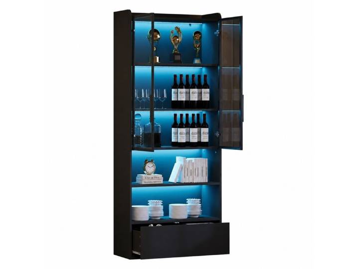 Vitrine noire avec LED armoire haute de salon 80x34x180 cm avec 1 tiroir et portes en verre