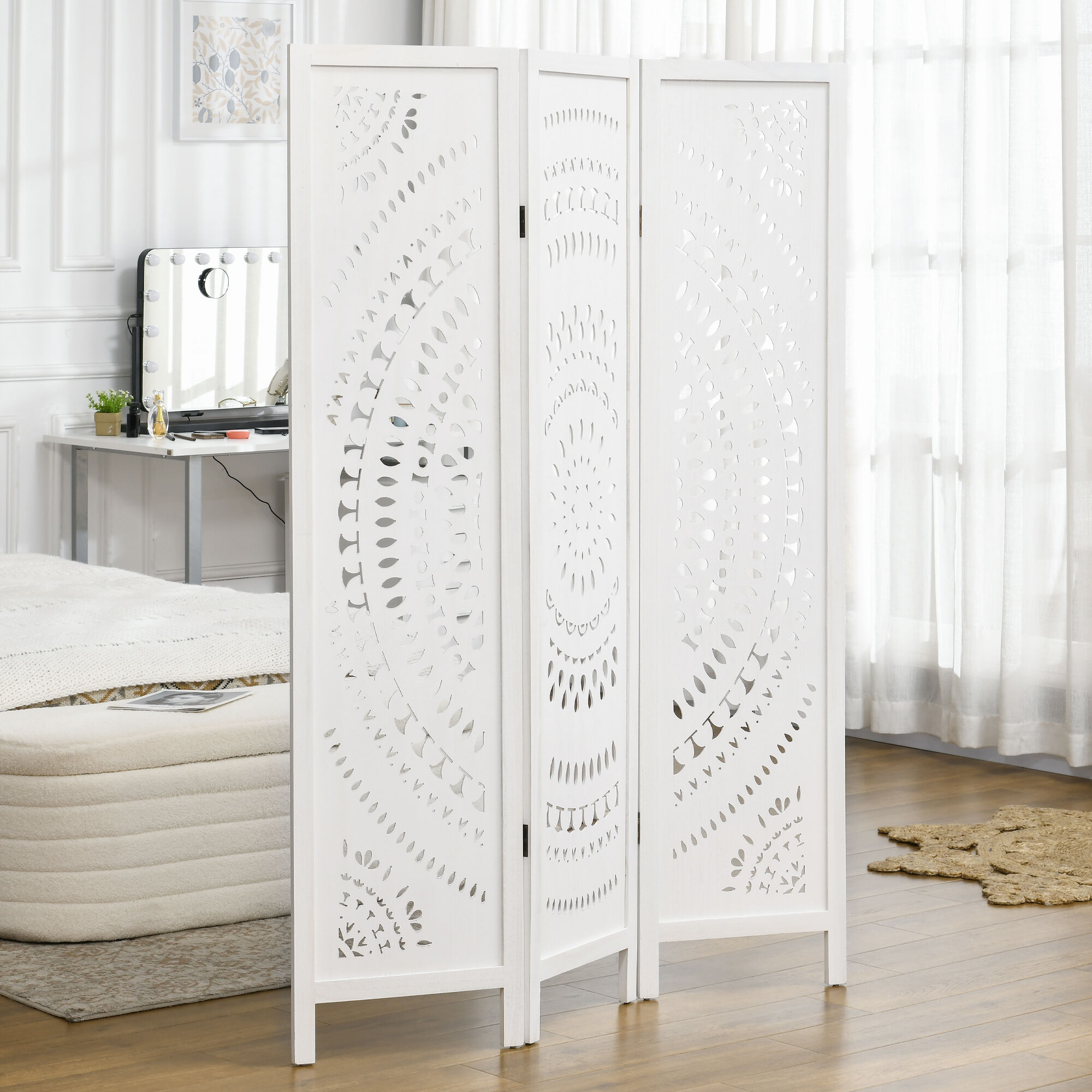 Altro Separé Paravento Da Interni Pieghevole A 3 Pannelli In Legno Intagliato, 120x170cm, Bianco