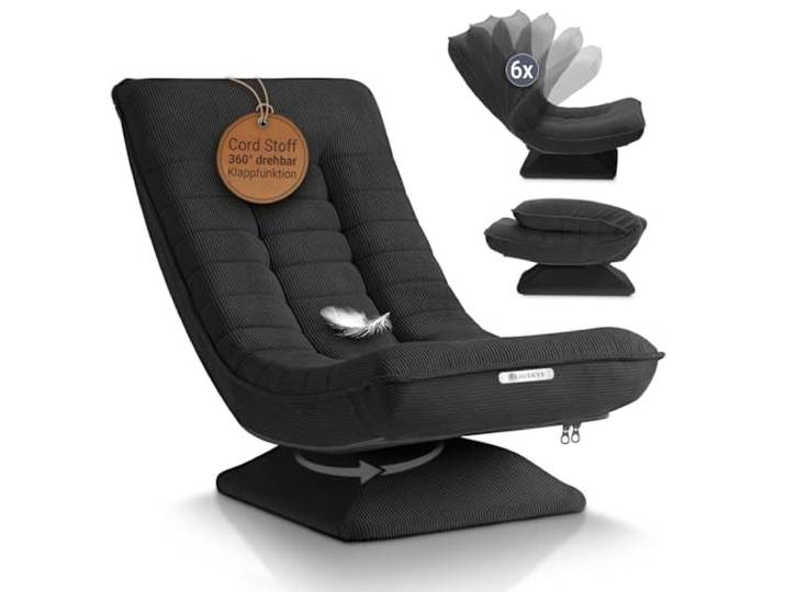 Juskys Relaxsessel Korsika - Ergonomisch & 360° drehbar, klappbar mit 5-lagiger Polsterung - Gemütlicher Cord Sessel für Wohnzimmer - Grau