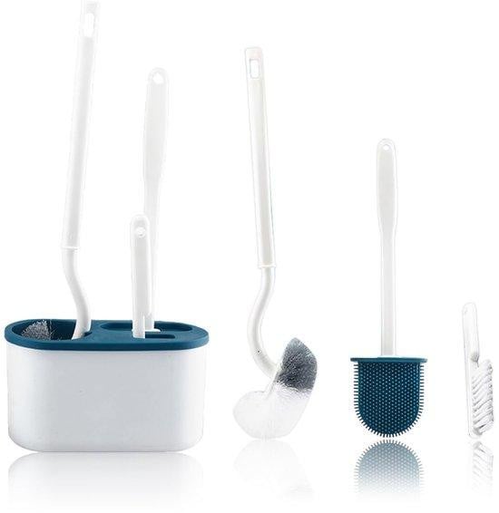 4-delige blauwe WC borstelset met flexibele borstelkop en wandmontage