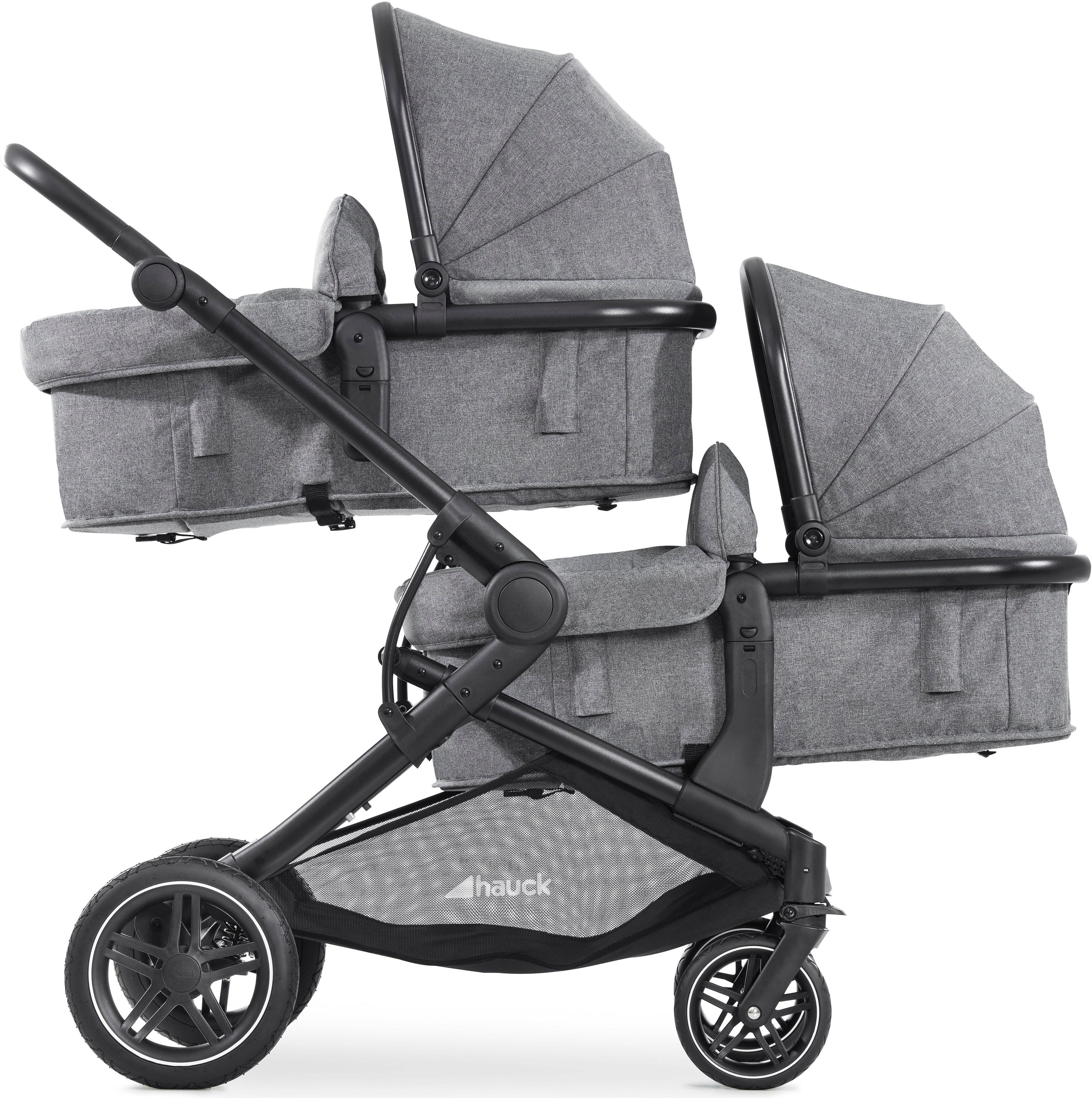 Geschwisterwagen HAUCK "Atlantic Twin, melange grey", Baby, grau (melange grau), Aluminium, Polyester, Kinderwagen Geschwisterwagen, mit schwenk- und feststellbaren Vorderrädern