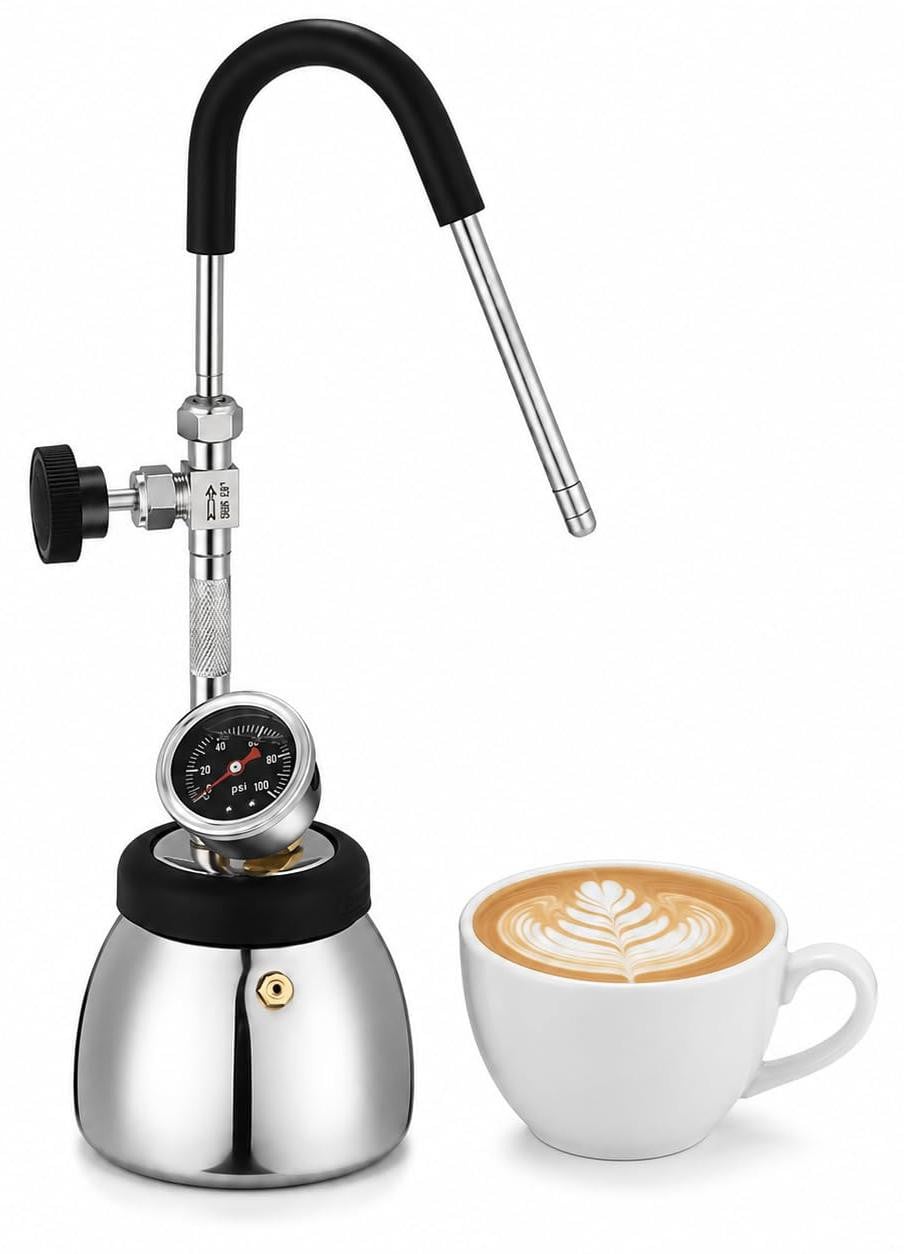 Dripio RVS melkopschuimer met manometer en spuitmond met 3 gaten, 4 bar