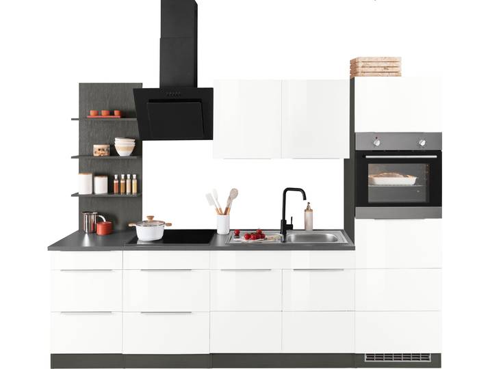 Küchenzeile, 270x200 cm, MDF, Weiß Hochglanz & Grafit, Mit E-Geräten, Modern