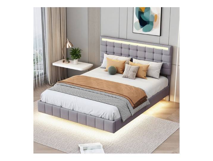 MODFU Polsterbett mit LED-Beleuchtung & gepolstertem Kopfteil (Doppelbett mit Leinenbezug, 160x200 cm Schwebendes Funktionsbett), Inklusive Matratze