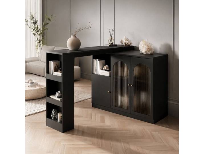 WOVREO Table de bar rotative 360° 120 x 40 x 97 cm meuble bar noir en MDF avec portes vitrées et rangements
