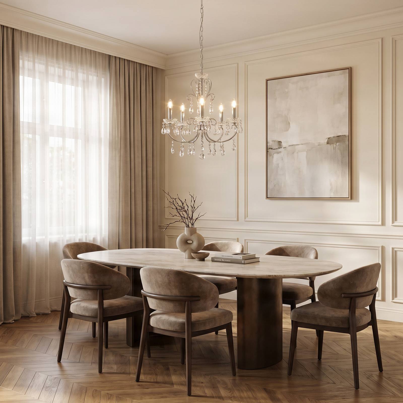 Crystal Chandelier Solveig Lucande, dimmable, Chrome / silver, Living / Dining Room, Crystal, Ceiling Light